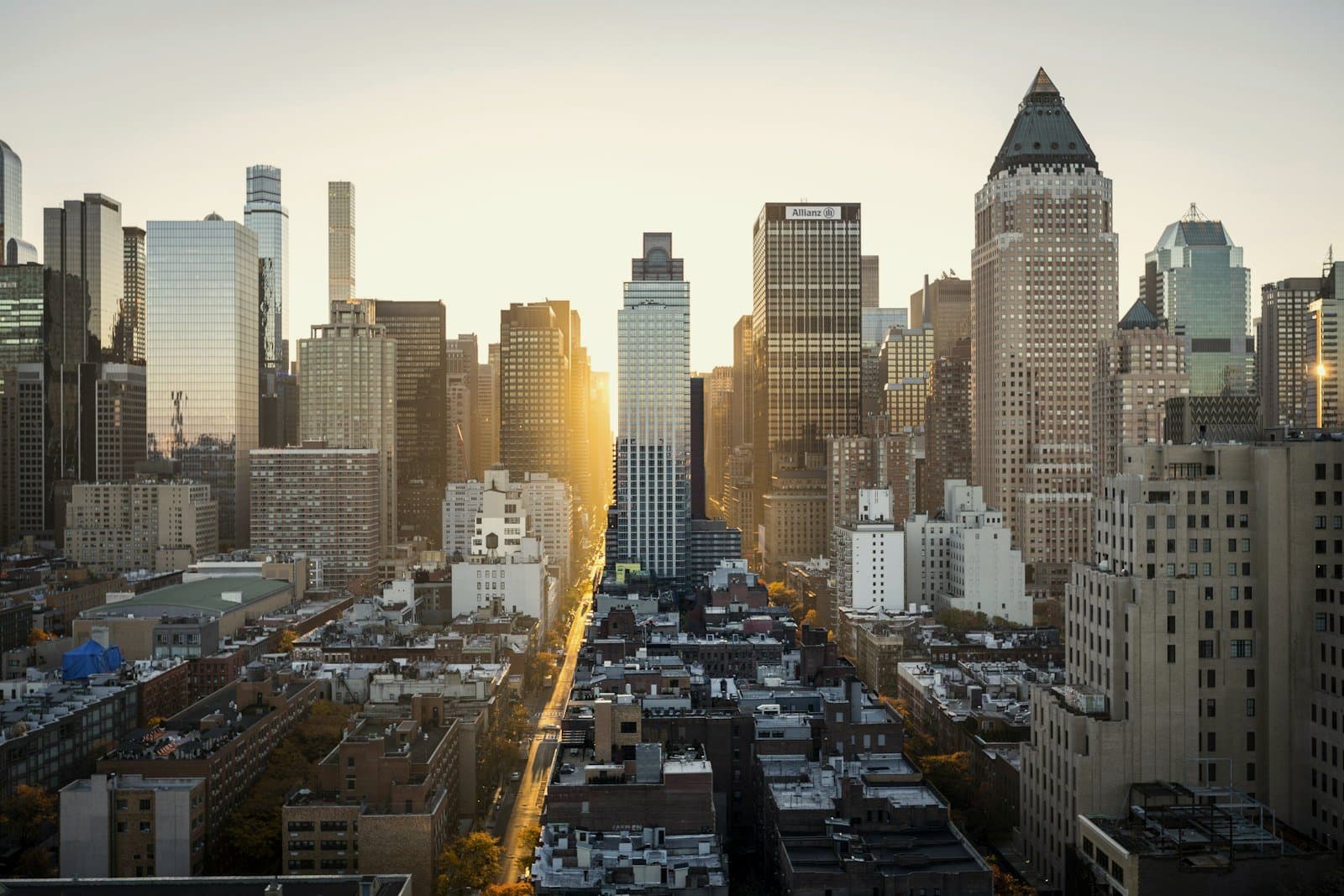 City street canyon in golden morning light